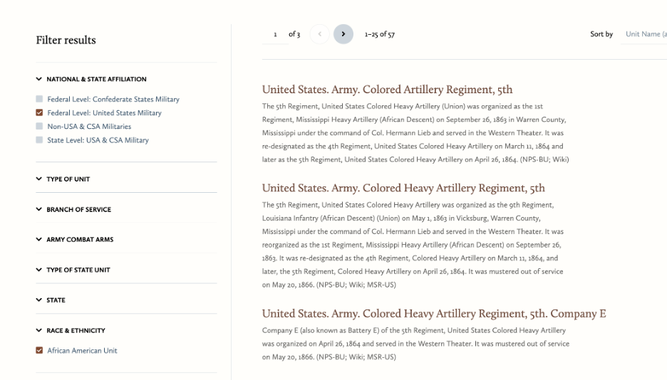 Screen capture of subject tags and facets under the Military Units category at CWRGM.